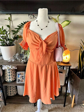 Fourteen Twelve Orange Tie Front Puff Sleeve Mini Dress